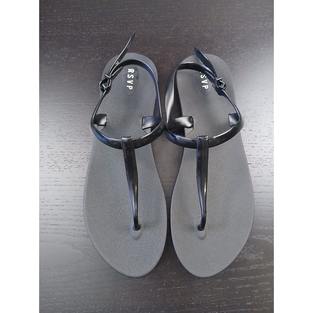 RSVP Women Black Jelly T-Strap Sandals Flat Ankle Strap Size 10 Made in USA